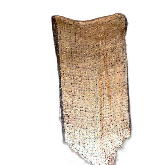 Modern Bohochic Business Casual Beige w/Pink & Blue Fringed Scarf/Wrap 19" x 40" - Picture 1 of 3